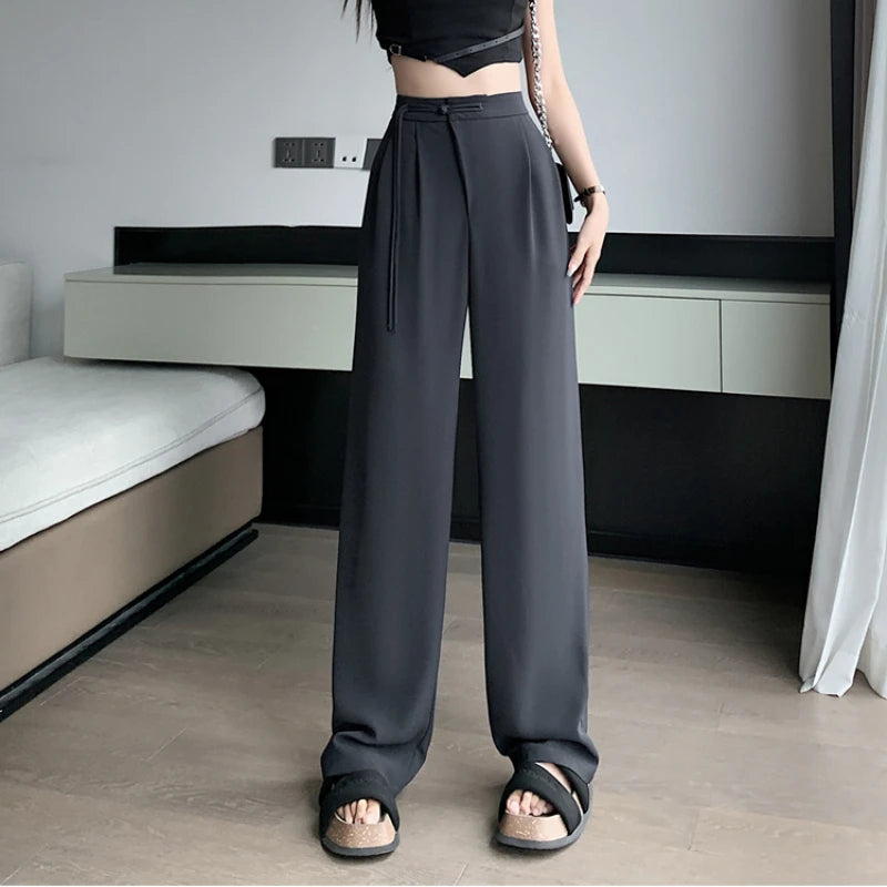 2025 New Spring Summer Tapered Wide Leg Suit Pants White High Waist Drop Hem Loose Straight Casual Slim Fit Trousers Female