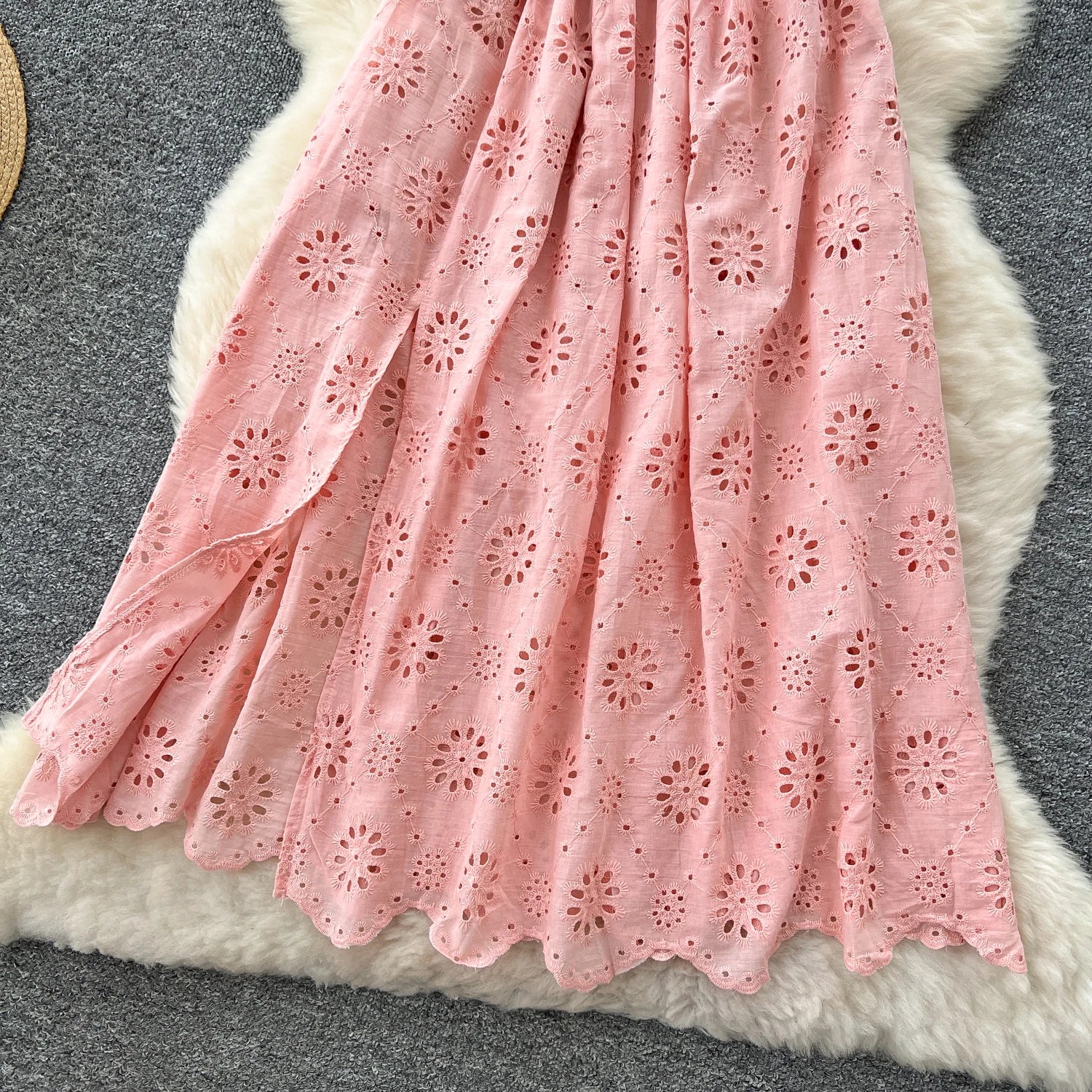 SINGREINY Chic Embroidery Hollow Out Dress Ruffles Splice Off Shoulder Elastic Ruched Slim 2025 Solid Gentle Vacation Long Dress