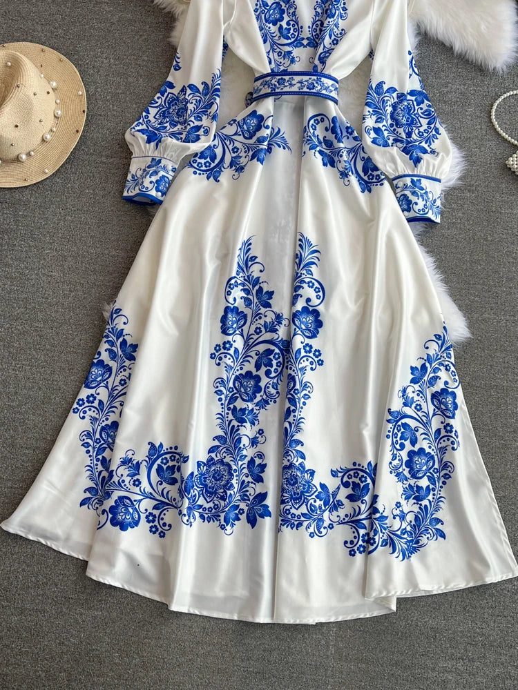 Spring Maxi Belt Dresses for Women Chic Vintage Printing Robe Femme Stand Neck Tunic Lantern Sleeve Dress 2024 Vestidos De Mujer