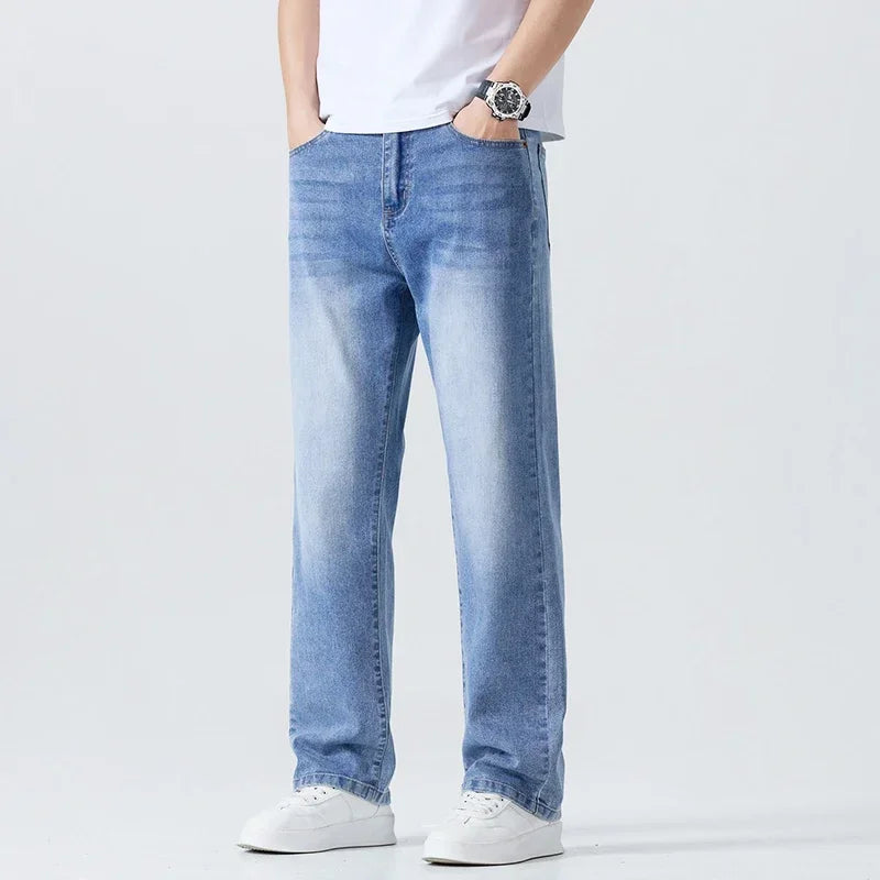 Summer Thin Straight Jeans Men's Clothing Soft Breathable Trousers Male Brand Comfortable Business Loose Denim Pants Retro Y2K