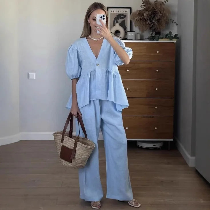 Summer Casual Cotton 2 Piece Set Women Outfit Deep V Neck Short Puff Sleeve Pullover Top Long Trousers Loose Lady Two Piece Suit