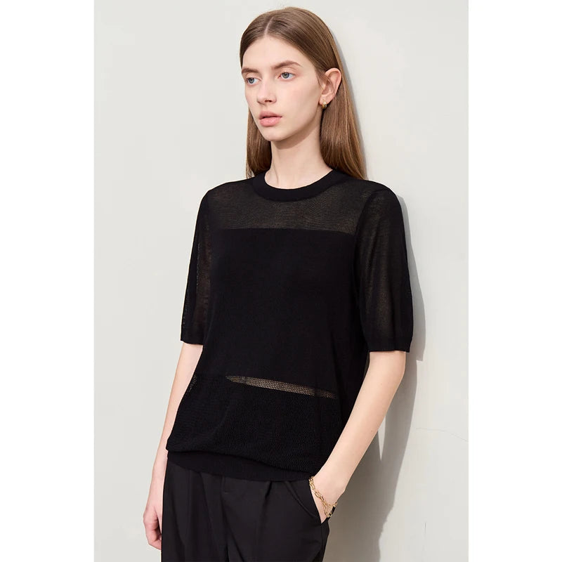 Amii Minimalism 2024 Knit Sweater Women Summer New Solid O-Neck Loose Short-sleeved Wool Casual Patchwork Chic Tops 12422028