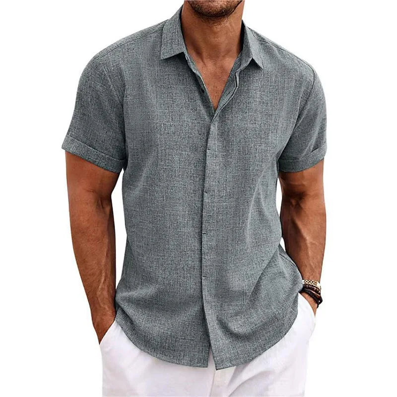 Men Cotton Linen Hot Sale Men's Short-Sleeved Shirts Summer Solid Color Turn-down Collar Casual Beach Style Plus Size Tops