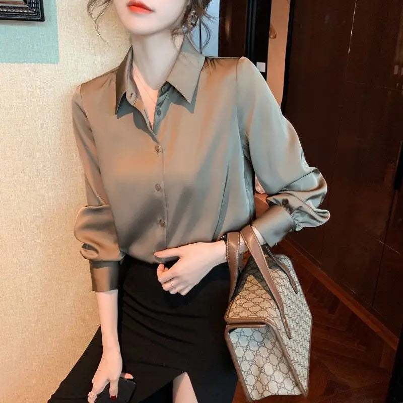 Comfortable Turn-down Collar All Seasons Women's Clothing 2023 Chiffon Trend All-match Korean Solid Color Long Sleeved Blouses
