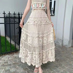 Retro Hollow Knitted Crochet Women's Solid Color Skirt 2025 Summer Fashion Lace Patchwork Female High Waisted Skirt