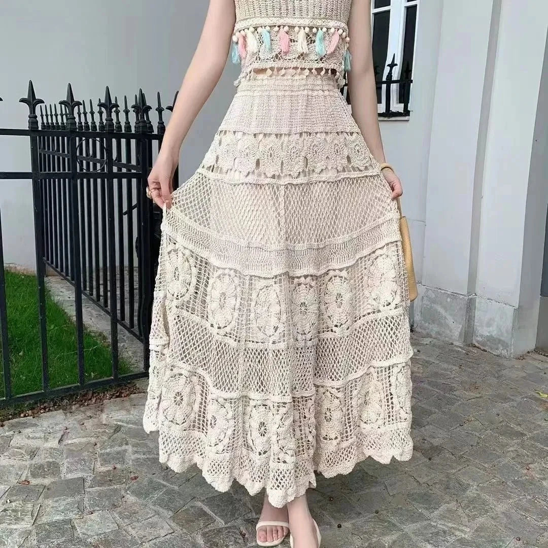Retro Hollow Knitted Crochet Women's Solid Color Skirt 2025 Summer Fashion Lace Patchwork Female High Waisted Skirt