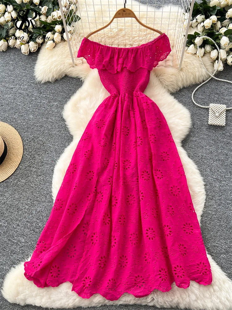 SINGREINY Chic Embroidery Hollow Out Dress Ruffles Splice Off Shoulder Elastic Ruched Slim 2025 Solid Gentle Vacation Long Dress