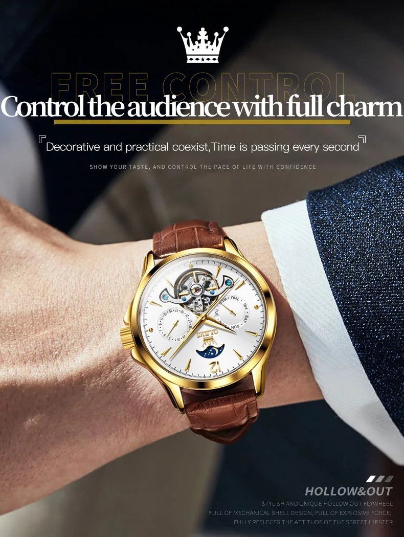 OLEVS 6663 Mens Watch Original Mechanical Watch Tourbillon Waterproof Luminous Leather Strap Moon Phase Day-Date Watch With Box