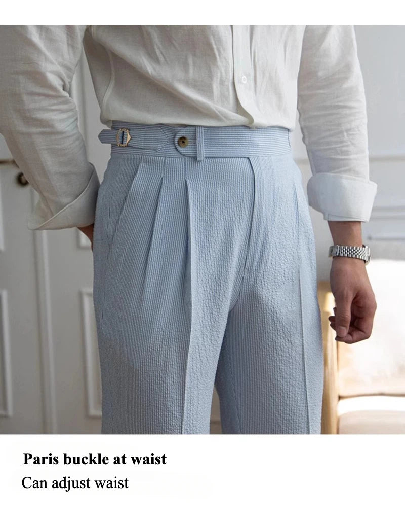 High-end Striped Men's Suit Pants Spring Summer Thin Italian Straight Casual Trousers Blue Paris Buckle Business Trousers