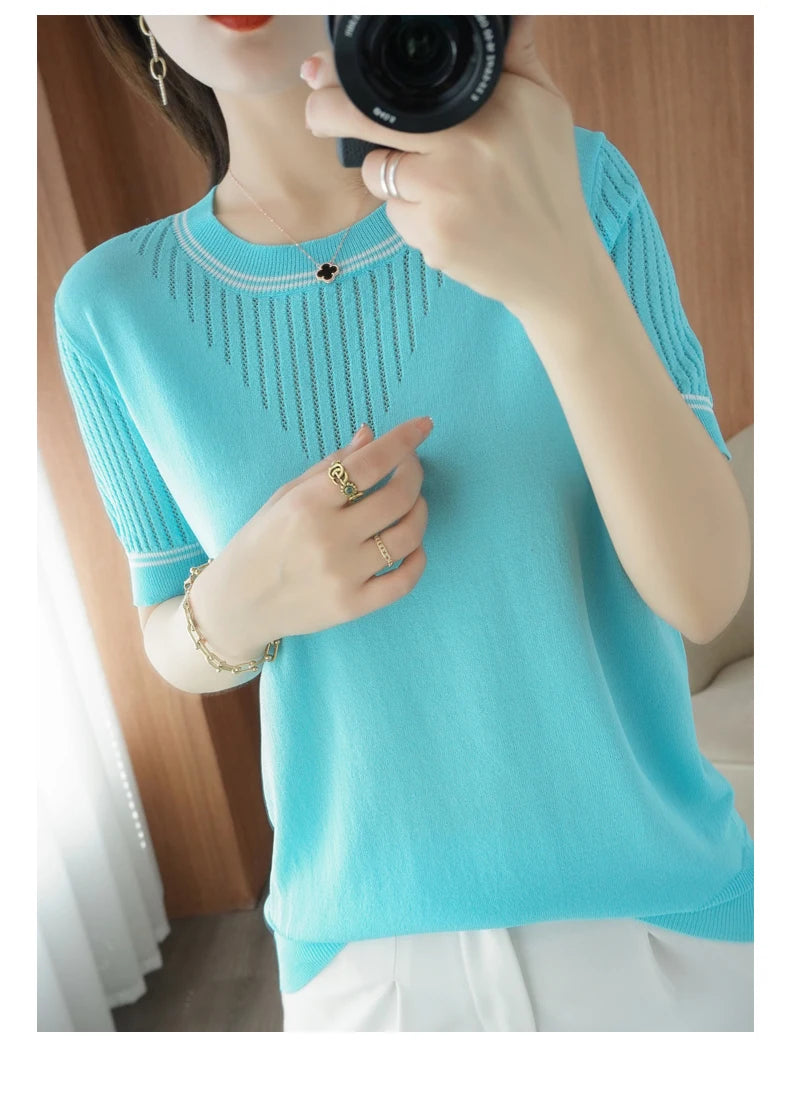 Women New Summer Short-sleeved Tees O-Neck Slim 100% Cotton Linen Hollow Pullover T-shirt Knitted Base Casual Sweater