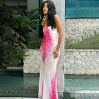 BIIKPIIK Vacation Mesh Semi-perspective Long Dress Sexy Floral Printed Strapless Party Dress Elegant Women Slim Fit Maxi Dresses