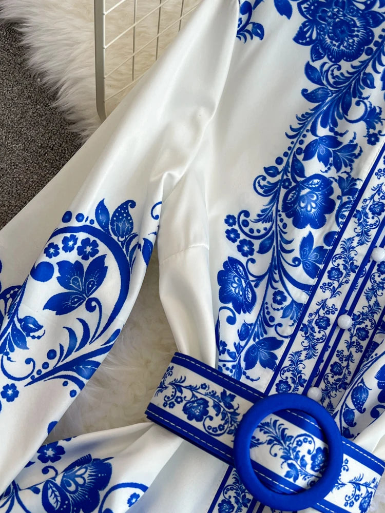 Spring Maxi Belt Dresses for Women Chic Vintage Printing Robe Femme Stand Neck Tunic Lantern Sleeve Dress 2024 Vestidos De Mujer