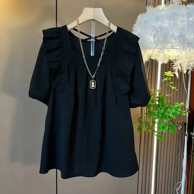 Summer Casual V-neck Back Cross Strap Fly Sleeve Elastic Shoulder Loose Fit Small Shirt Versatile Simple Top for Plump Sister