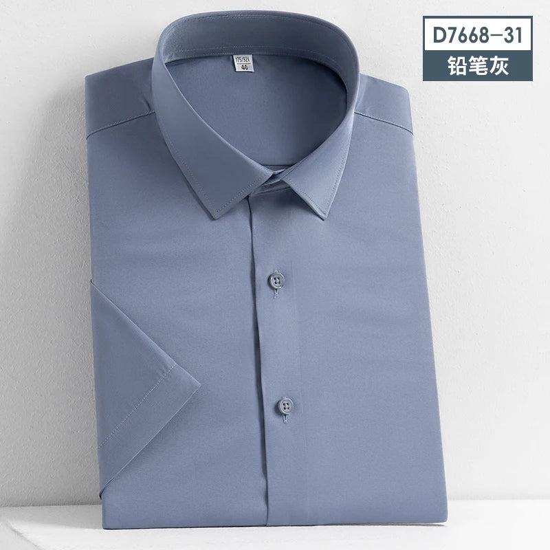 2023 Summer Short Sleeve High Density Silky Material Solid  Elastic Business Men Dress Shirts No Pocket Stretch Clothes