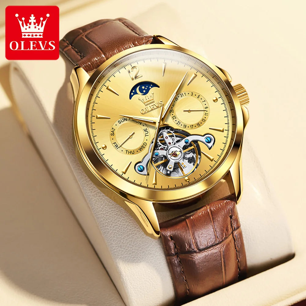 OLEVS 6663 Mens Watch Original Mechanical Watch Tourbillon Waterproof Luminous Leather Strap Moon Phase Day-Date Watch With Box