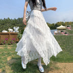 White Lace Irregular Maxi Skirts Women Vintage Ruffles Spliced A-Line Skirts Woman Summer Design Sheer High Waist Cake Skirt