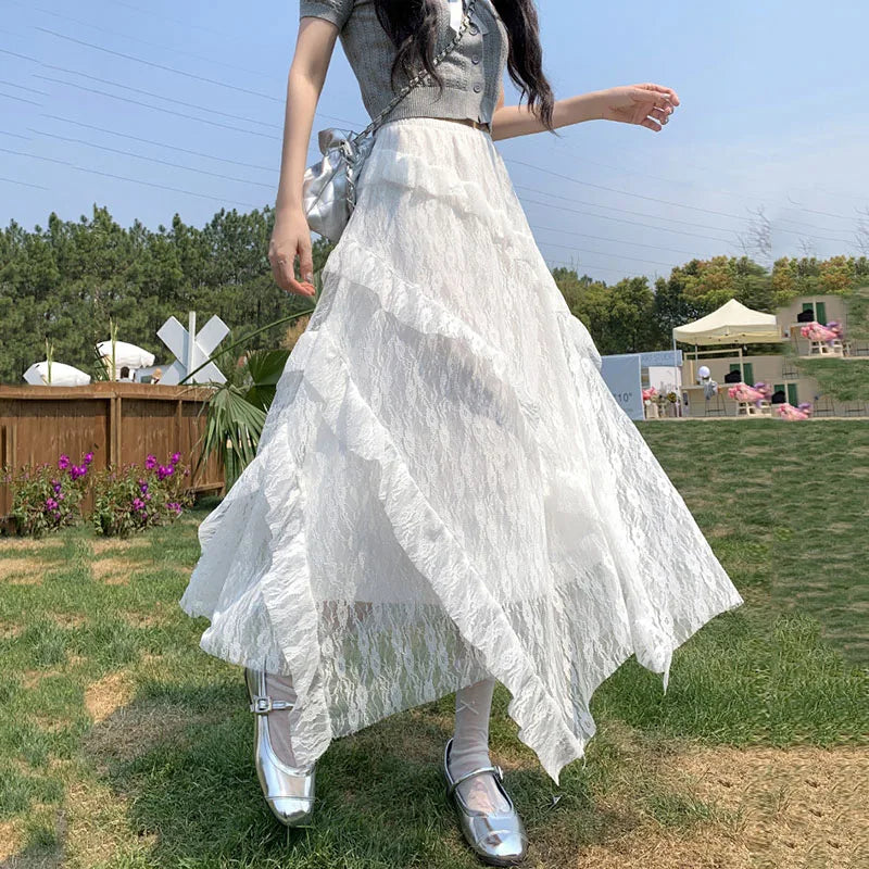 White Lace Irregular Maxi Skirts Women Vintage Ruffles Spliced A-Line Skirts Woman Summer Design Sheer High Waist Cake Skirt