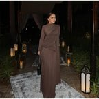 Fashion Brown Pleated Long Sleeve Dress Women Elegant O-neck Bodycon Prom Robes 2025 New Summer Lady Street Party Dresses