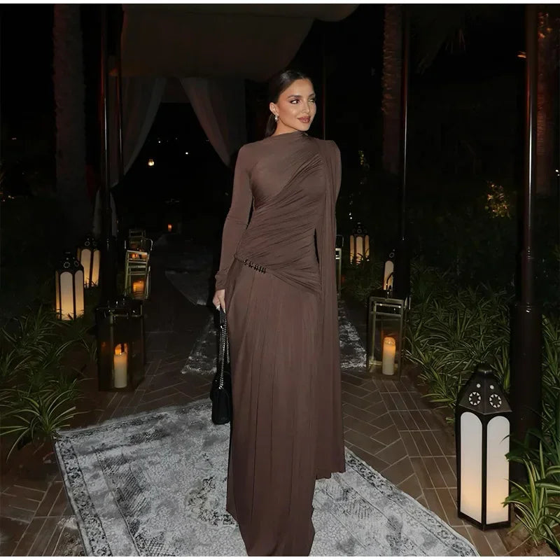 Fashion Brown Pleated Long Sleeve Dress Women Elegant O-neck Bodycon Prom Robes 2025 New Summer Lady Street Party Dresses