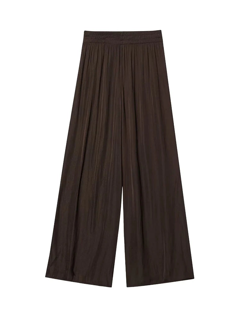 TFMLN New Women's High Waist Wide Leg Pants Fashion Elastic Waist Long Straight Trousers Lady Casual Solid Pocket Pants Summer
