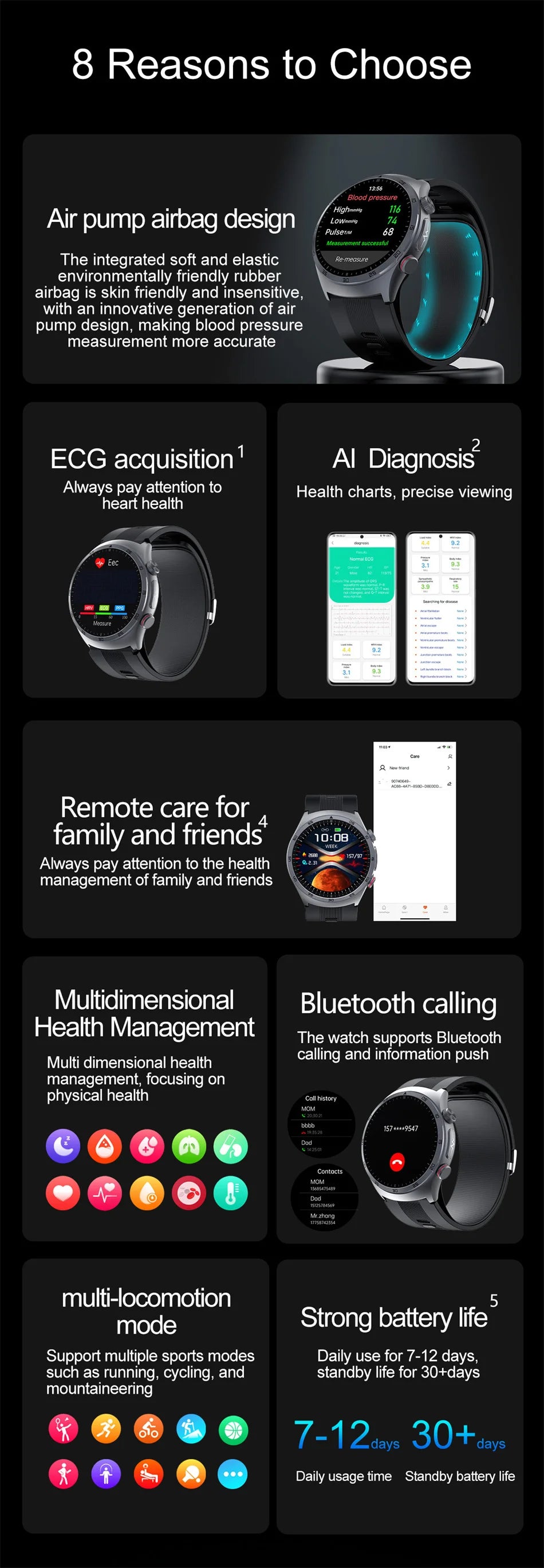 Sapphire Glass AMOLED Blood Pressure Smart Watches ECG Blood Oxygen Blood Pressure Air Pump Sport Health Tracking Smartwatch NFC