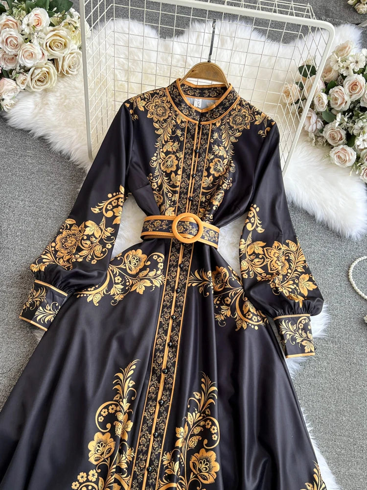 Spring Maxi Belt Dresses for Women Chic Vintage Printing Robe Femme Stand Neck Tunic Lantern Sleeve Dress 2024 Vestidos De Mujer