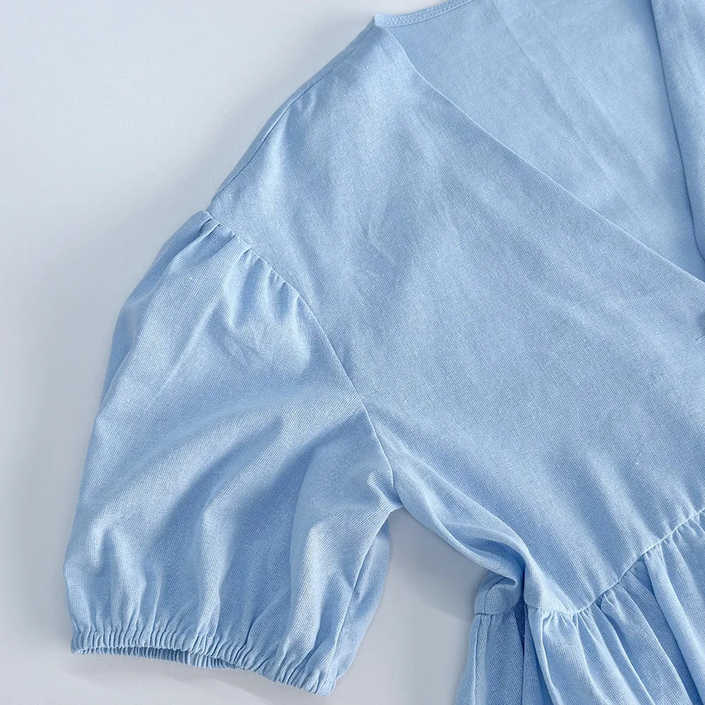 Summer Casual Cotton 2 Piece Set Women Outfit Deep V Neck Short Puff Sleeve Pullover Top Long Trousers Loose Lady Two Piece Suit