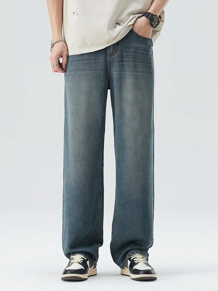 Spring Summer Thin Men's Loose Jeans Lyocell Draped Soft Fashion Loose Pants Streetswear Vintage Straight Y2K Denim Trousers