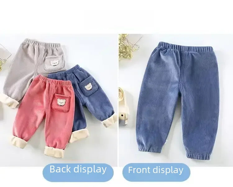Autumn/winter Children's Fleece-lined Corduroy Pants Stylish Embroidery Casual Warm Trousers For Boys Girls