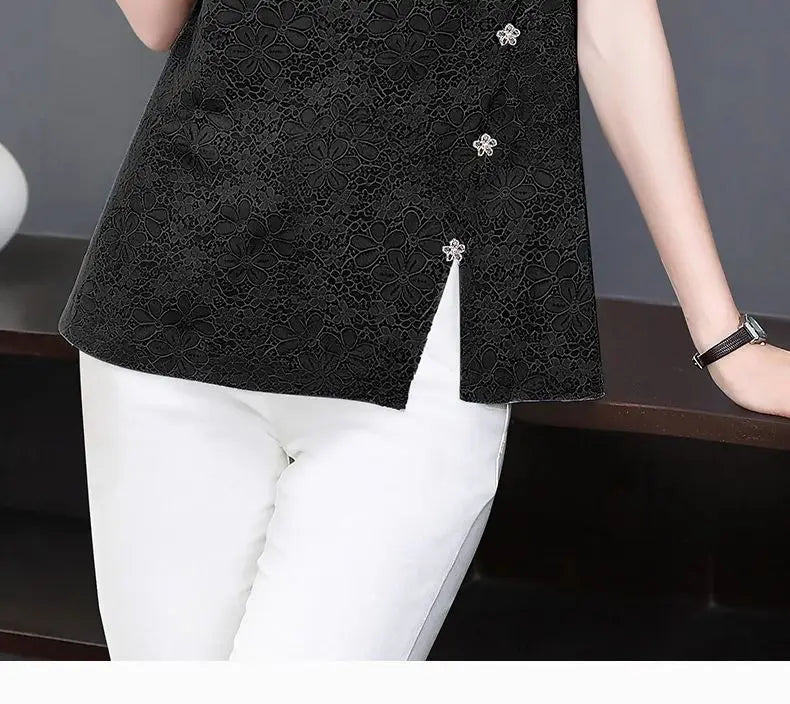 Lace Women's Summer New Fashion Stylish Short Sleeve T-Shirt Plus Size Design Sense Loose Slimming Top