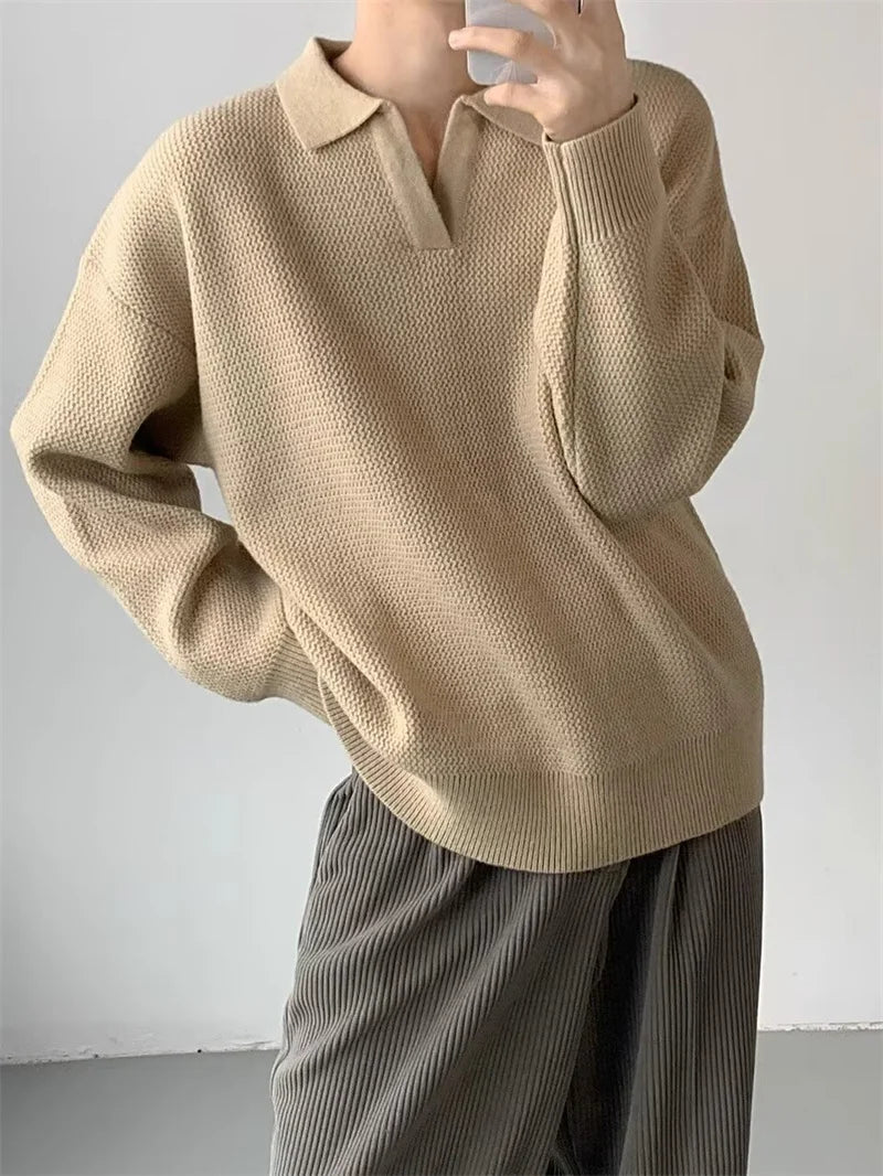 Korean Fashion V-neck Pullover Sweater Men's Casual Long Sleeve Knitted Polo Shirts Y2K Vintage Lapel Knitwear jersey hombre