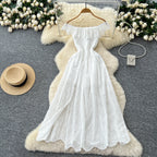 SINGREINY Chic Embroidery Hollow Out Dress Ruffles Splice Off Shoulder Elastic Ruched Slim 2025 Solid Gentle Vacation Long Dress