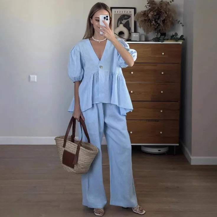 Summer Casual Cotton 2 Piece Set Women Outfit Deep V Neck Short Puff Sleeve Pullover Top Long Trousers Loose Lady Two Piece Suit