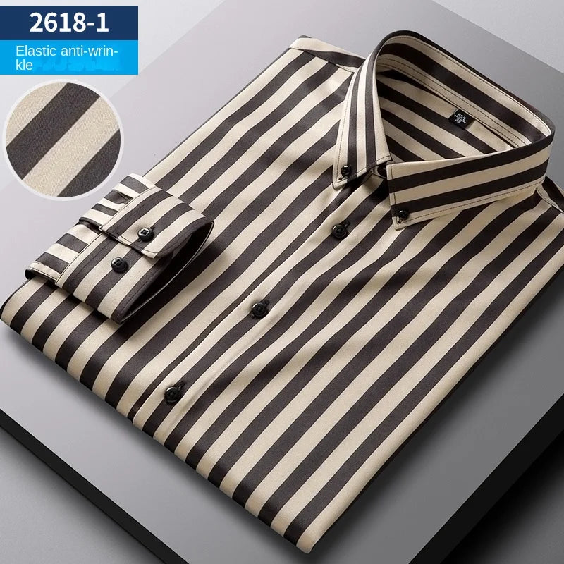 2023 Non-Iron Solid  Soft Easycare Stretch Shirts Men Spandex Long Sleeve Dress Shirt Men Office Shirts Men Clothing