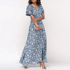 Women V-neck Ruffle Short Sleeve Maxi Dress Waist Tight High-waist Hem Sweet Floral Print Elegant Dress Female Clothing Vestidos