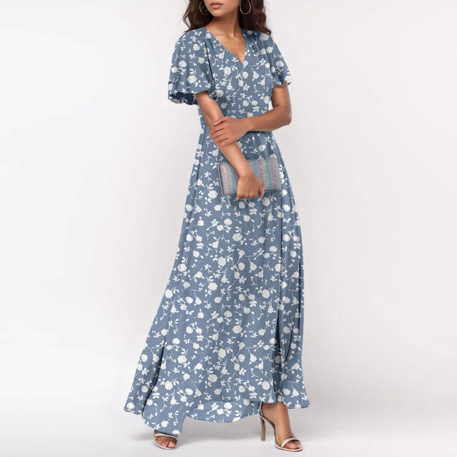Women V-neck Ruffle Short Sleeve Maxi Dress Waist Tight High-waist Hem Sweet Floral Print Elegant Dress Female Clothing Vestidos