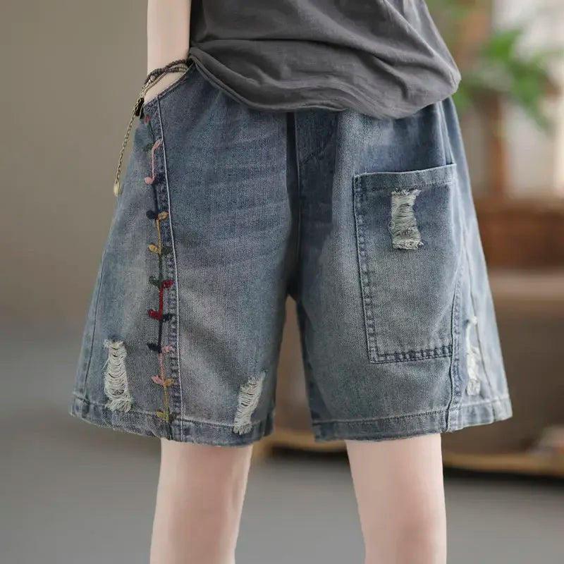 Vintage Jeans Shorts Women Summer Floral Embroidery Elastic High Waist Denim Shorts Design Wide Leg Trousers Blue Black Shorts