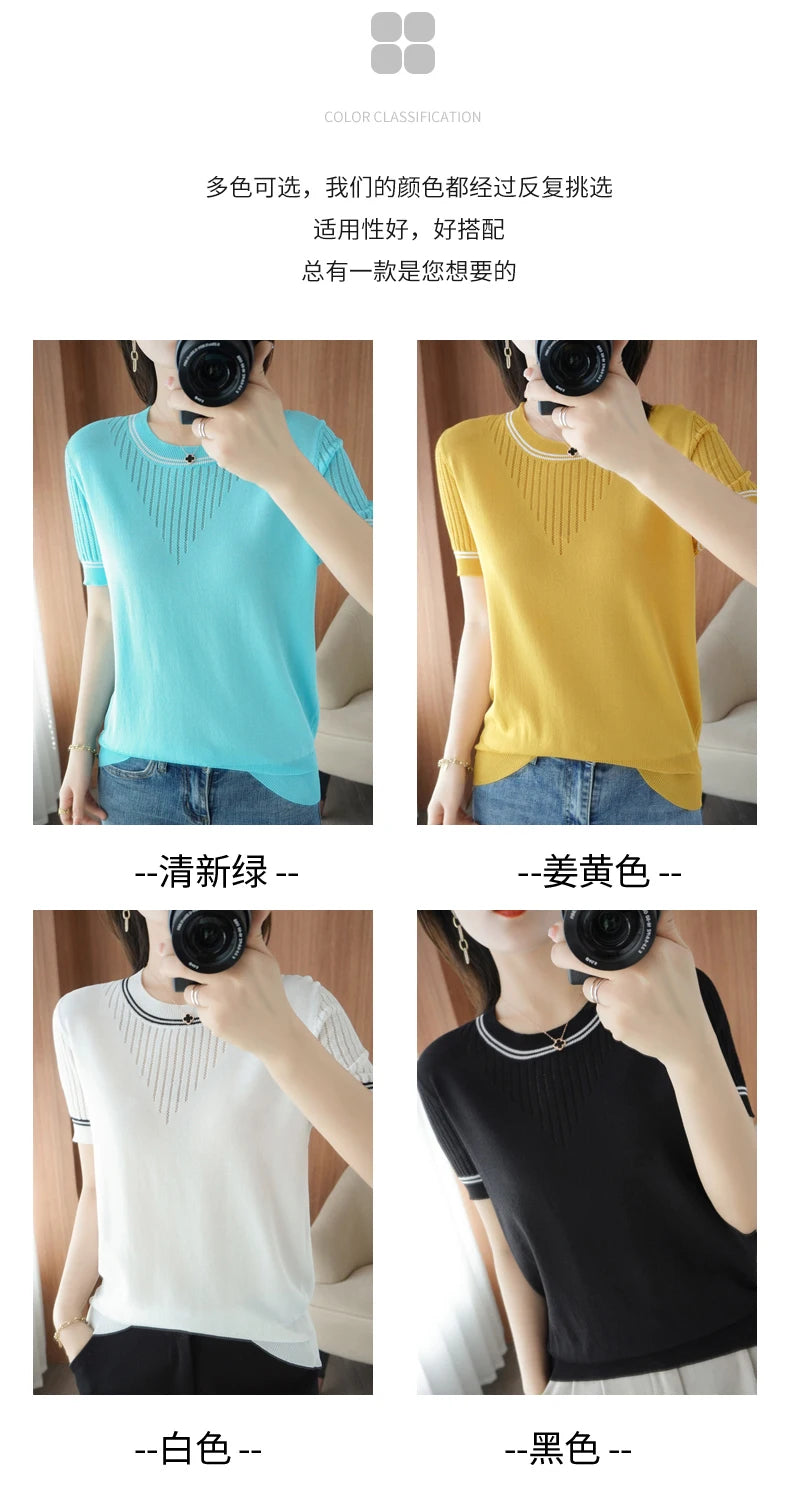 Women New Summer Short-sleeved Tees O-Neck Slim 100% Cotton Linen Hollow Pullover T-shirt Knitted Base Casual Sweater