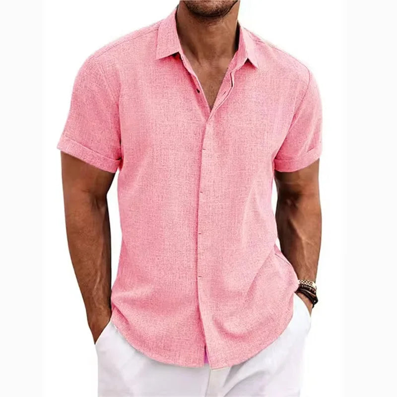 Men Cotton Linen Hot Sale Men's Short-Sleeved Shirts Summer Solid Color Turn-down Collar Casual Beach Style Plus Size Tops