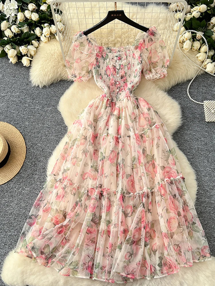 Summer Vintage French Mesh Dress for Women New Waist Cinched Slash Neck Bubble Sleeves Sweet Floral Chiffon Dress Female C146