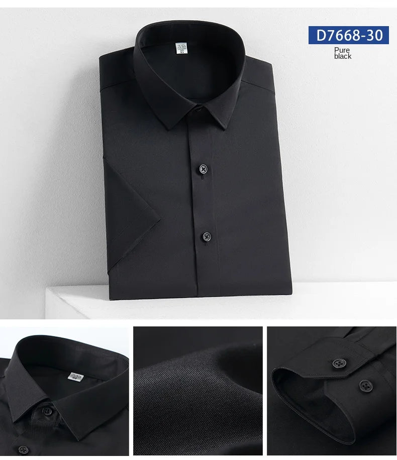 2023 Summer Short Sleeve High Density Silky Material Solid  Elastic Business Men Dress Shirts No Pocket Stretch Clothes
