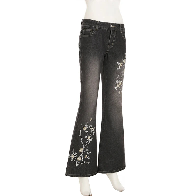 Floral Embroidery Jeans Women Y2K Streetwear Baggy Denim Pants Vintage 2000S Low Rise Flared Jeans Female High Street Trousers