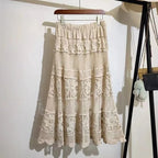 Retro Hollow Knitted Crochet Women's Solid Color Skirt 2025 Summer Fashion Lace Patchwork Female High Waisted Skirt