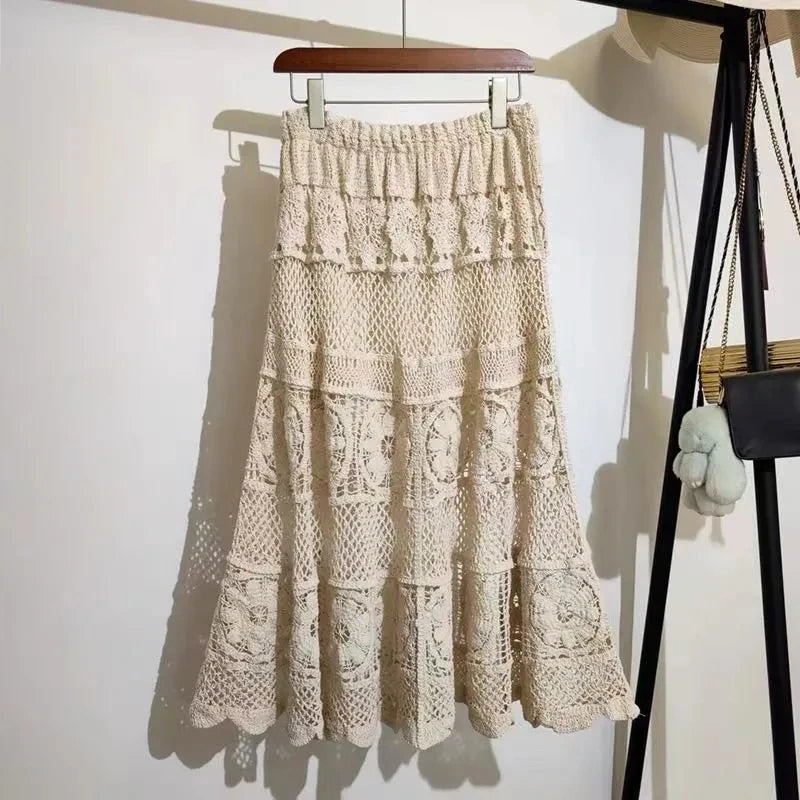 Retro Hollow Knitted Crochet Women's Solid Color Skirt 2025 Summer Fashion Lace Patchwork Female High Waisted Skirt