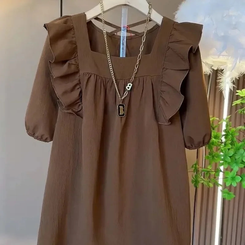 Summer Casual V-neck Back Cross Strap Fly Sleeve Elastic Shoulder Loose Fit Small Shirt Versatile Simple Top for Plump Sister