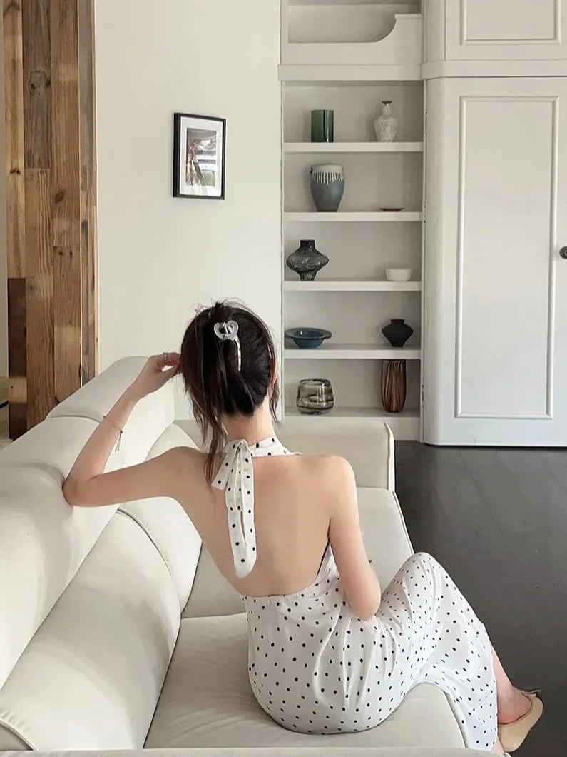 2024 Korean Style Open-back Halter Neck Dress Women's Summer Elegant Long Dress Waist-fitted A- line Skirt Sleeveless