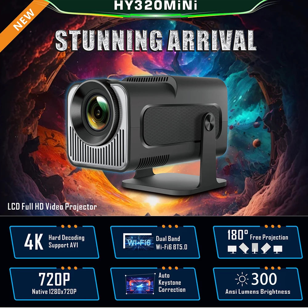 Salange HY320 Mini 4K Android 11 Projector Native 720P 300ANSI Dual Wifi6 BT5.0 Cinema Portable Projetor Outdoor 180°  Rotable