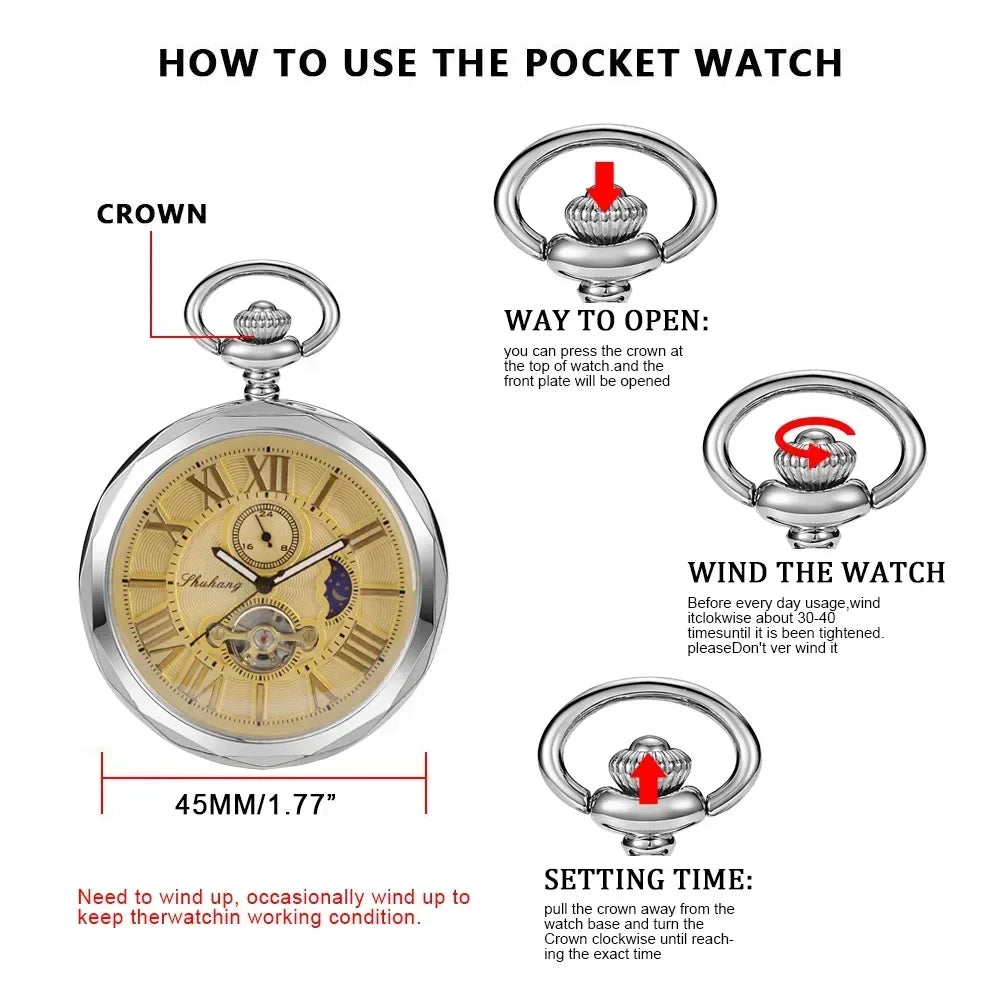 Luxury Gold Moon Phase Without Cover Mechanical Pocket Watch Antique Pendant Pocket Clock High Grade Gifts for Men