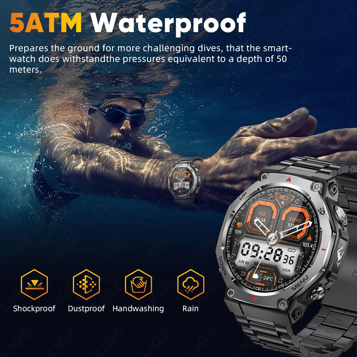 LIGE New 1.43 inch AMOLED Screen Smart Watch 525mAh Big Battery BT Call IPX8-5ATM Waterproof Sports Health Monitoring Smartwatch