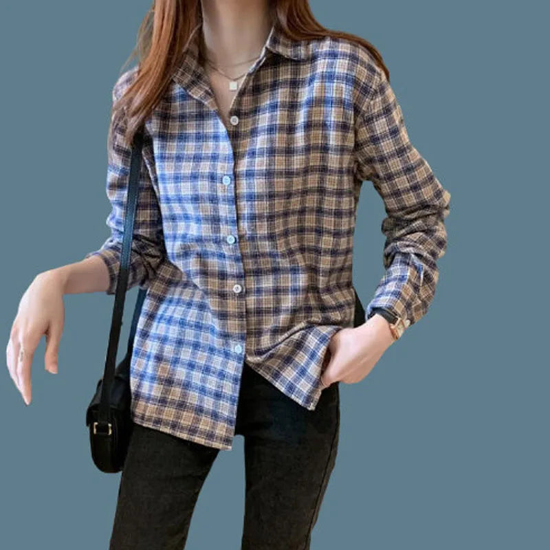 Vintage All-match Plaid Shirt for Female 2022 Spring Women's Clothing Korean Simple Turn-down Collarlong Sleeve Casual Blouses
